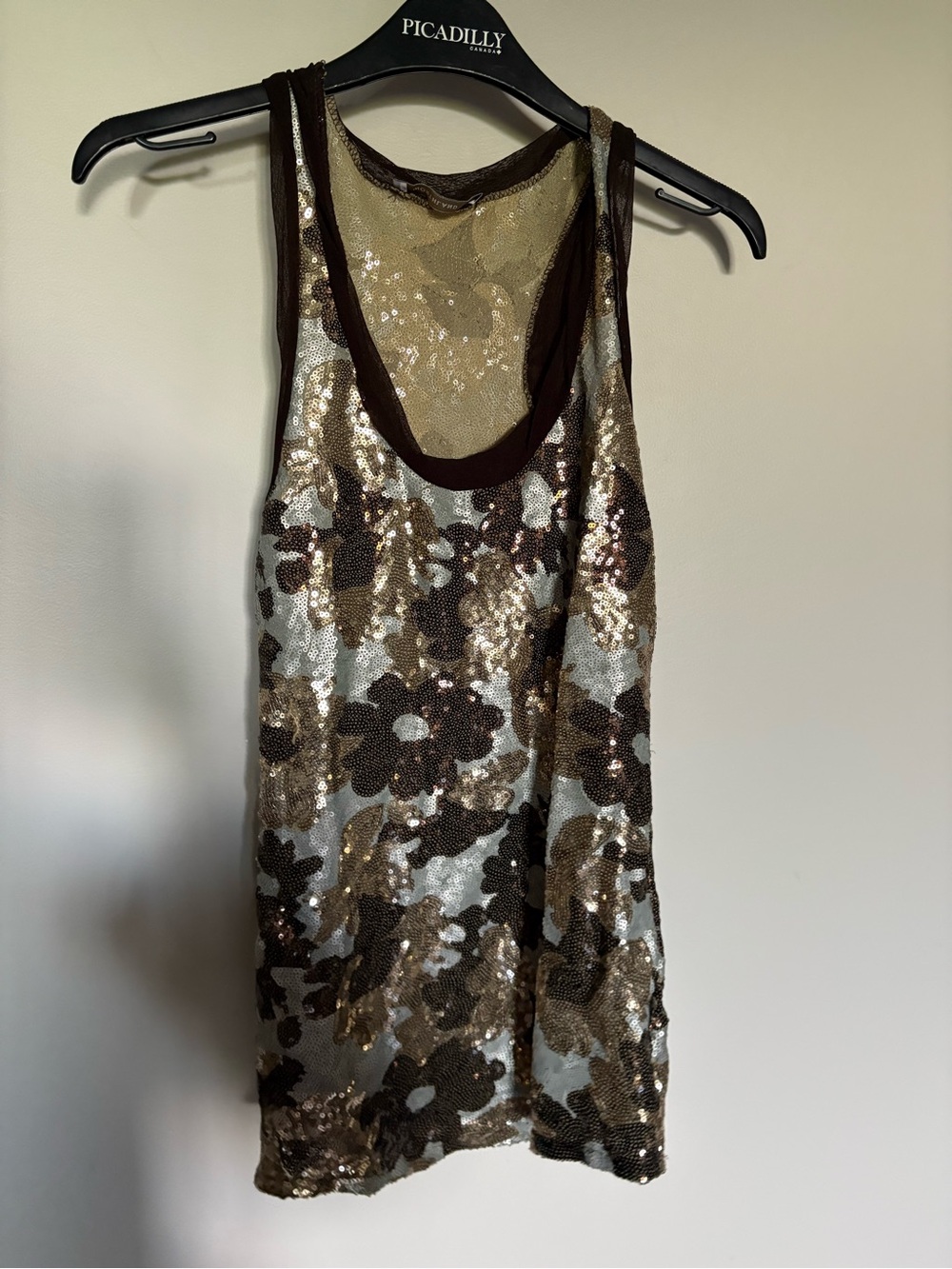 Sequin Floral Tank Top in Brown & Gold -